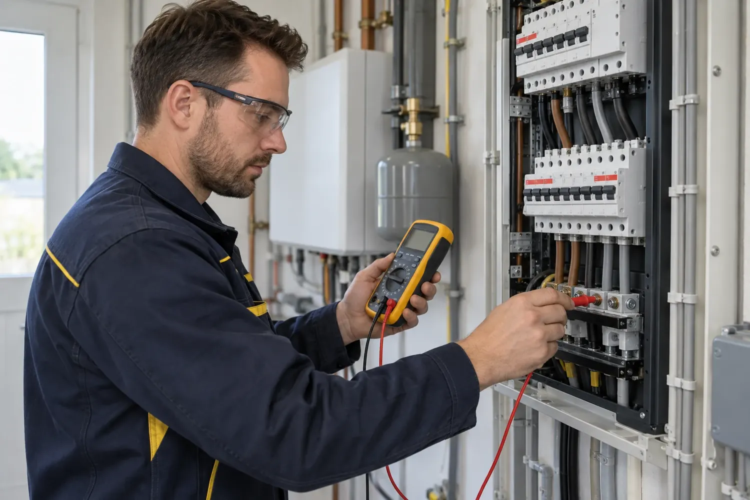 Elektricien meet een 3-fase installatie door met een multimeter