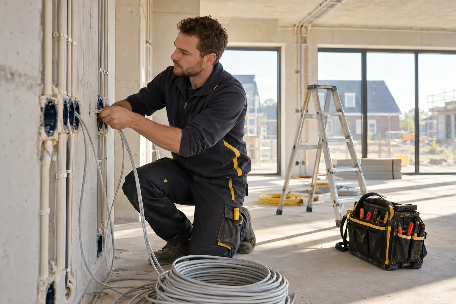 Elektricien trekt kabels door leidingen in een nieuwbouwwoning