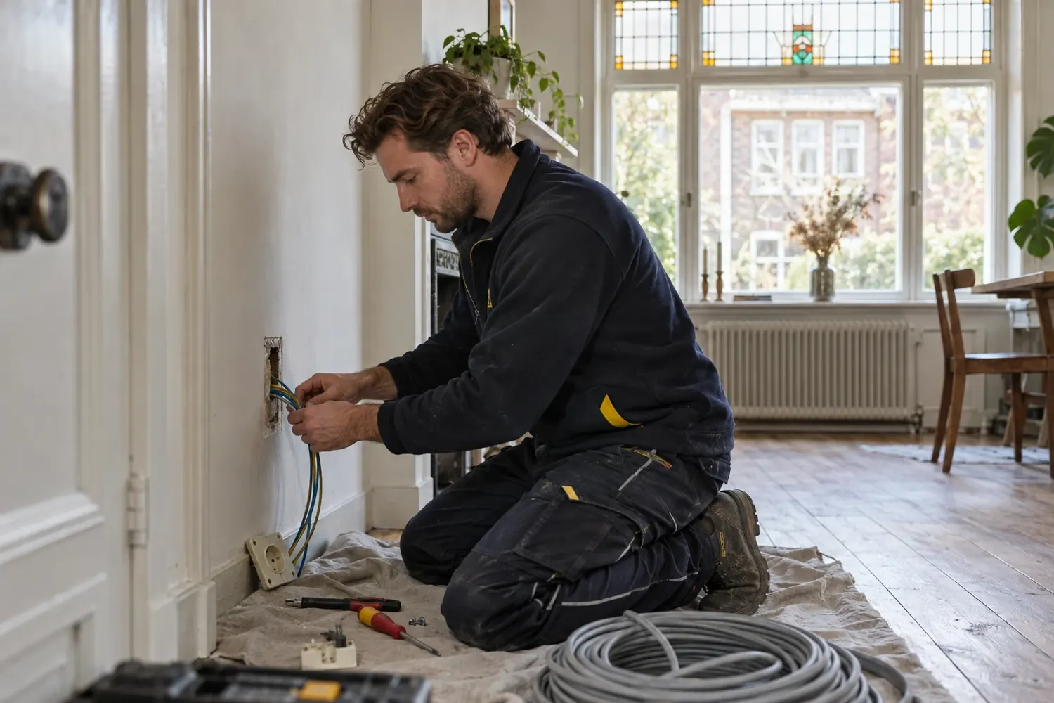 Elektricien vernieuwt de bedrading in een jaren-30-woning