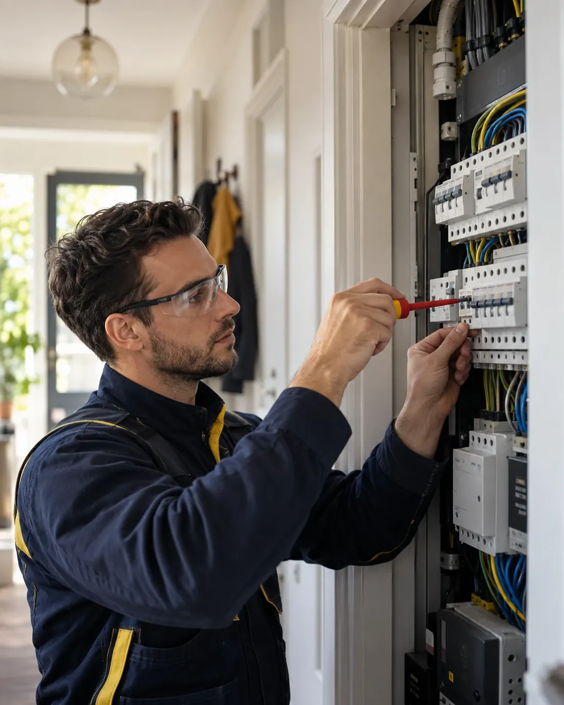 Elektricien werkt met geïsoleerd gereedschap aan een moderne groepenkast