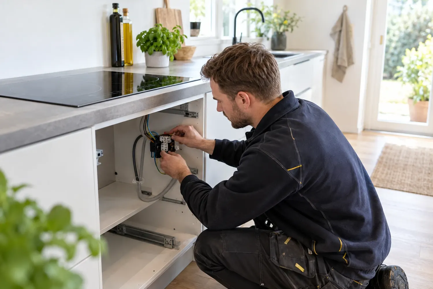 Elektricien sluit een kookgroep aan onder het aanrecht bij een inductiekookplaat
