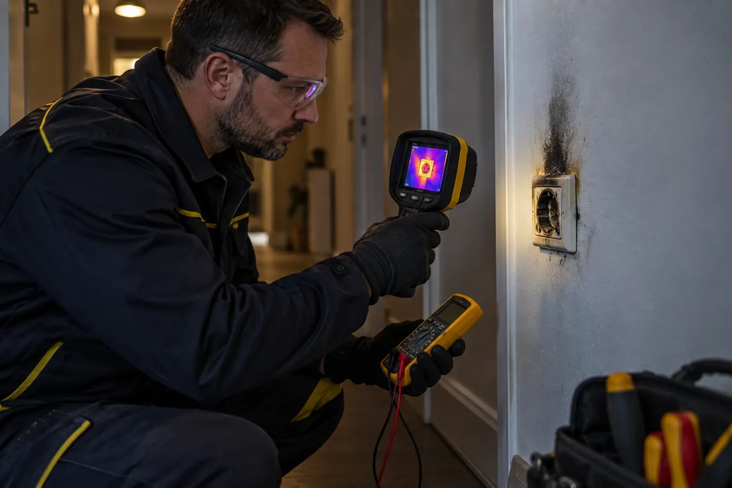Elektricien controleert een verbrand stopcontact met een warmtebeeldcamera