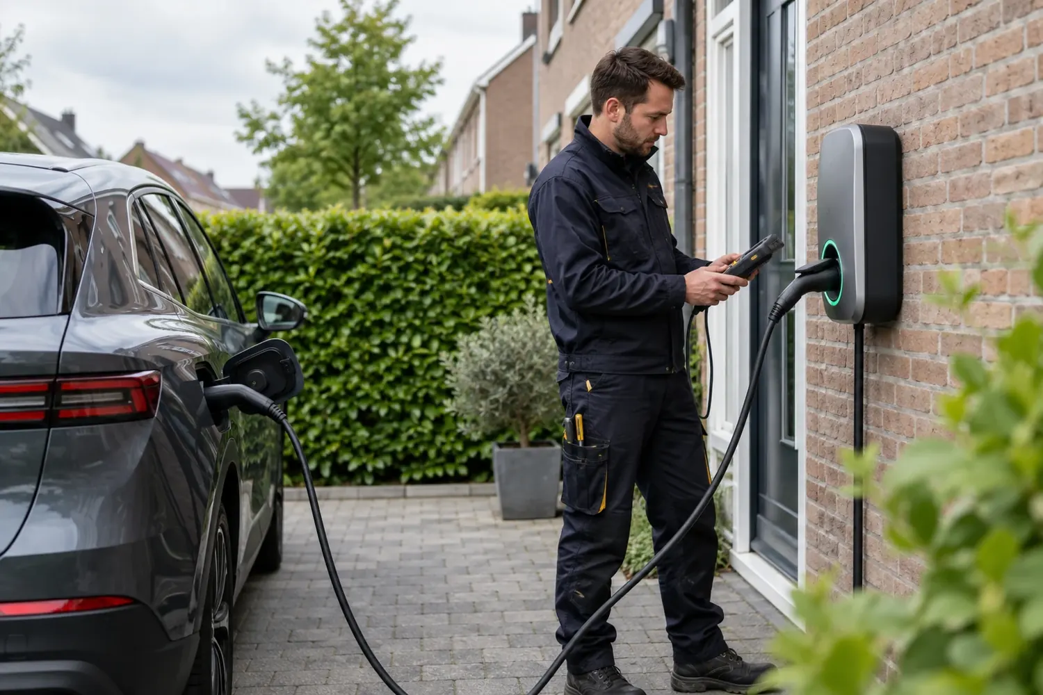 Laadpaal aan de gevel van een rijtjeswoning met een ladende elektrische auto