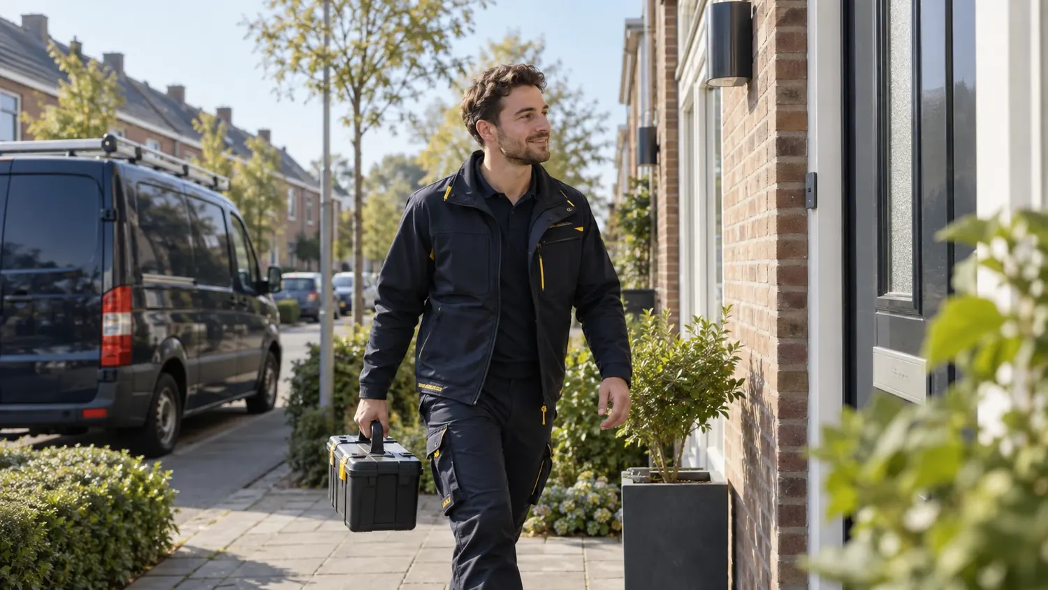 Elektricien met gereedschapskoffer loopt naar de voordeur van een woning