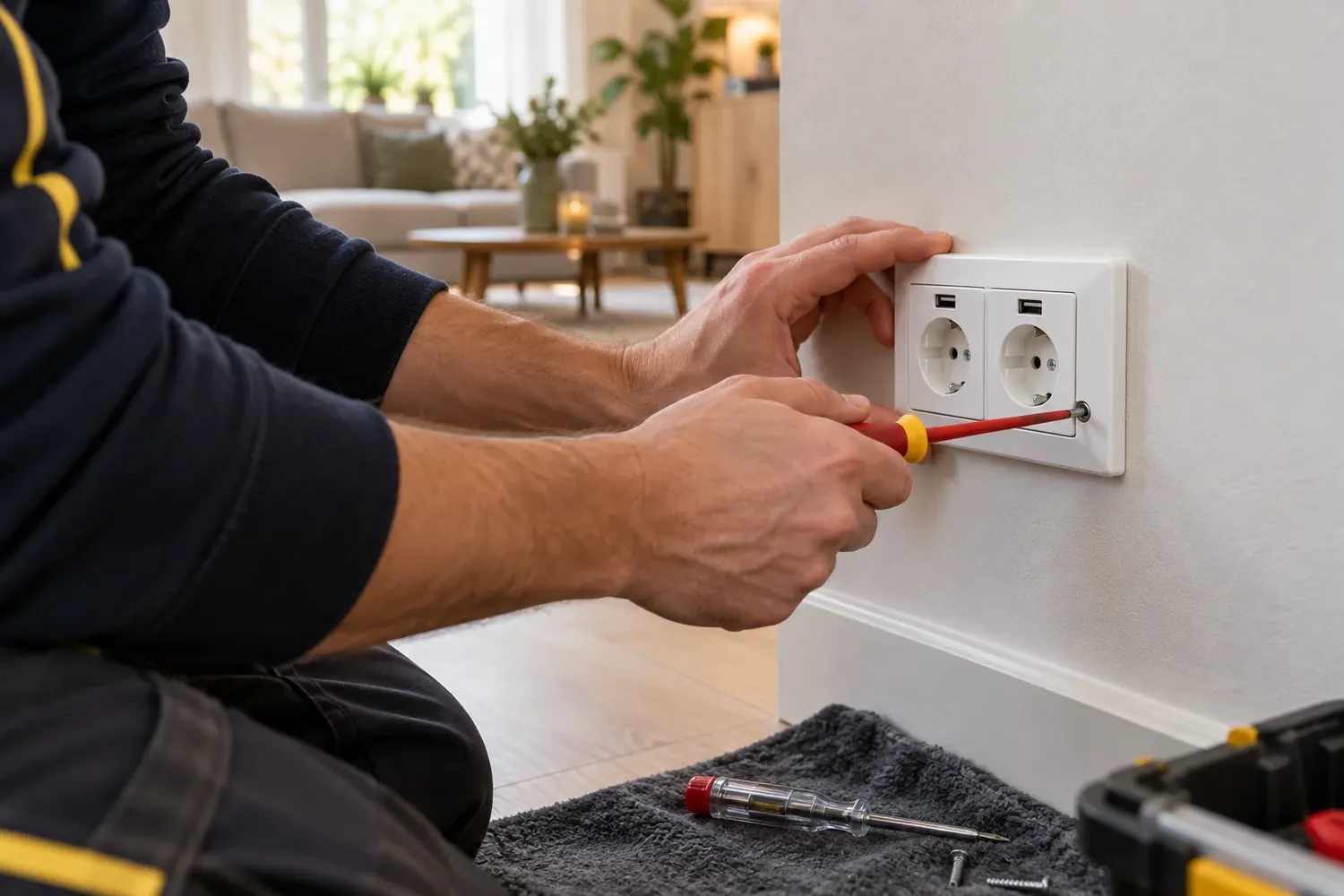 Nieuw dubbel stopcontact met USB-aansluitingen wordt gemonteerd