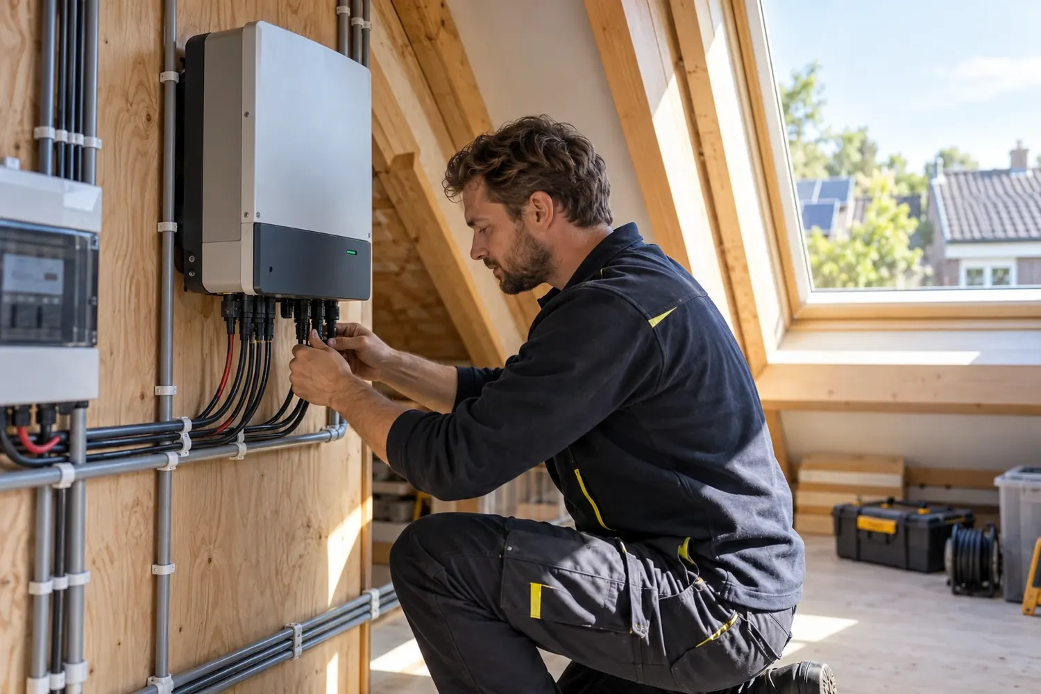 Elektricien sluit de omvormer van zonnepanelen aan op zolder